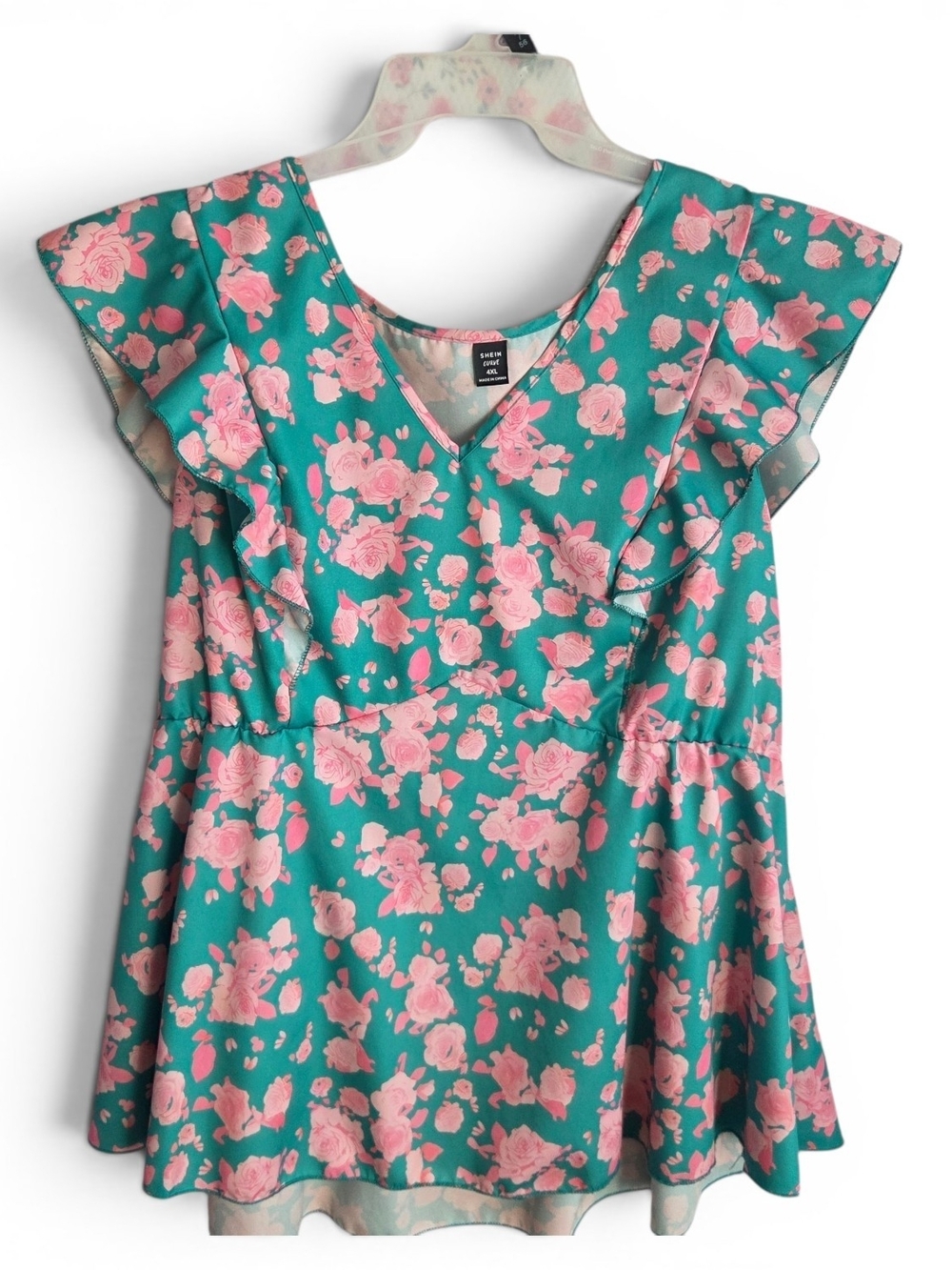 SHEIN Teal Dress with Pink Floral Ruffles